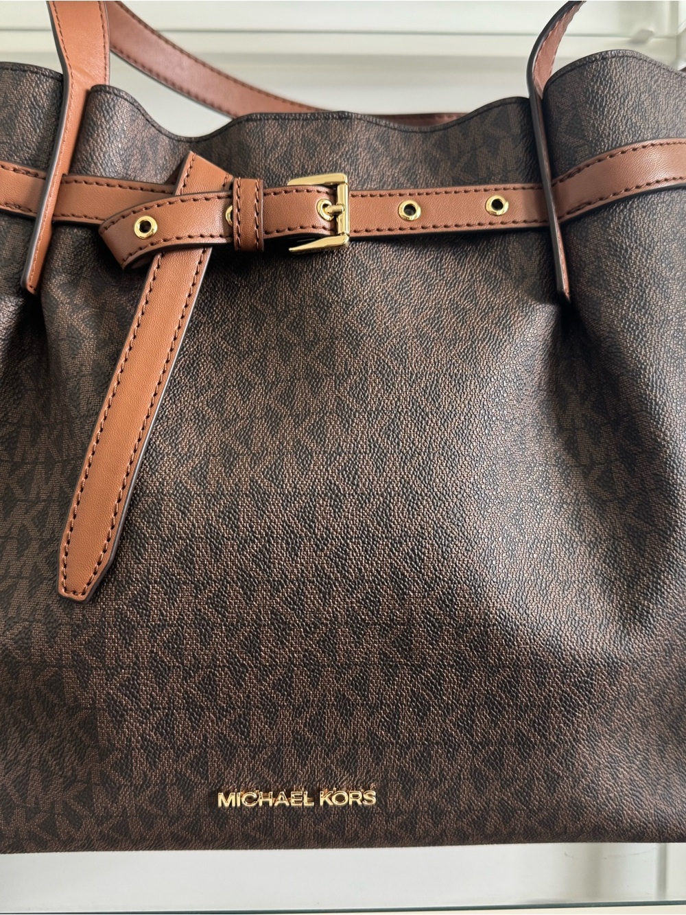 Michael Kors Brown Logo-Print Tote with Tan Trim and Gold Hardware
